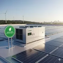 Unidad HVAC industrial de alta eficiencia sobre paneles solares, simbolizando soluciones de energía limpia y baja huella ambiental