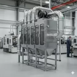 Sistema de filtración y extracción industrial en acero inoxidable, diseñado para la recolección de polvo y reducción de contaminantes ambientales