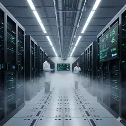 Técnicos de HVAC monitoreando la temperatura óptima en un datacenter para proteger servidores sensibles