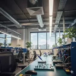 Oficina moderna con ductos de aire acondicionado expuestos y diseño ergonómico, demostrando confort ambiental para el personal