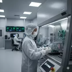 Técnico trabajando con componentes electrónicos dentro de una campana de flujo laminar en una sala limpia industrial de alta precisión