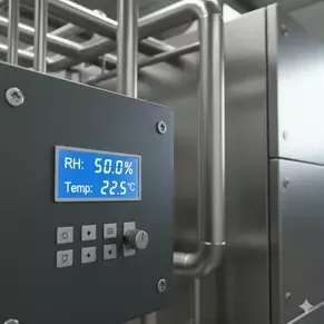 Panel de control digital de un sistema de humidificación y deshumidificación, mostrando un 50% de humedad relativa (RH) y 22.5°C de temperatura