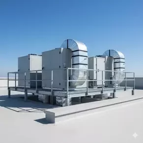 Equipo Tipo Paquete (Package Unit) de aire acondicionado industrial instalado en azotea, con ductos de suministro visibles