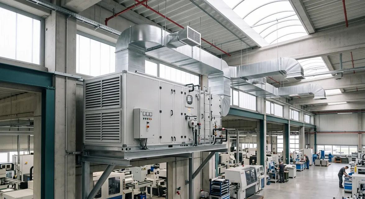 Unidad de HVAC industrial con ductería instalada en planta