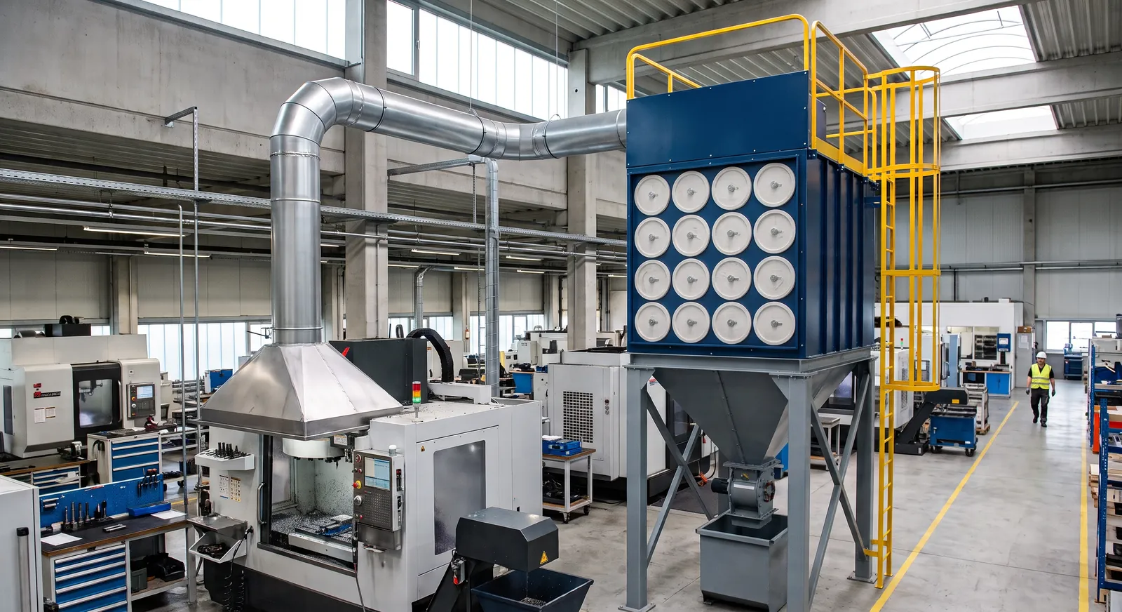 Taller industrial con sistema de colección de polvos instalado